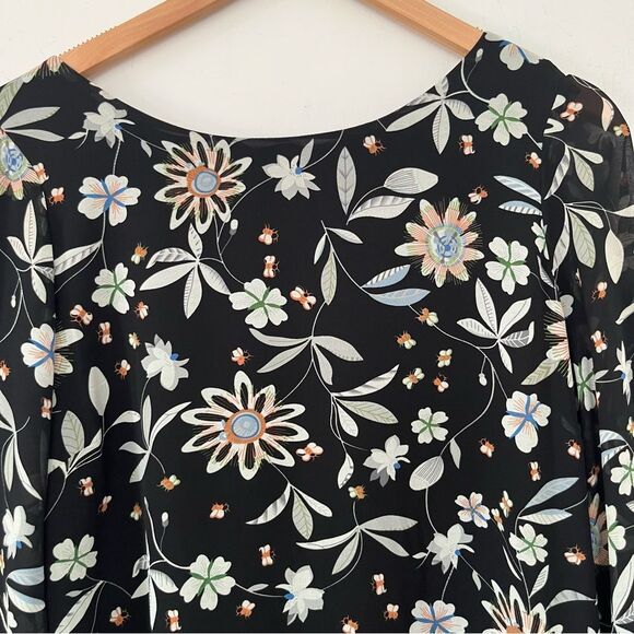 Equal Black Floral Long Sleeve Flowy Sequin Cuffs Shift Dress - Picture 10 of 11